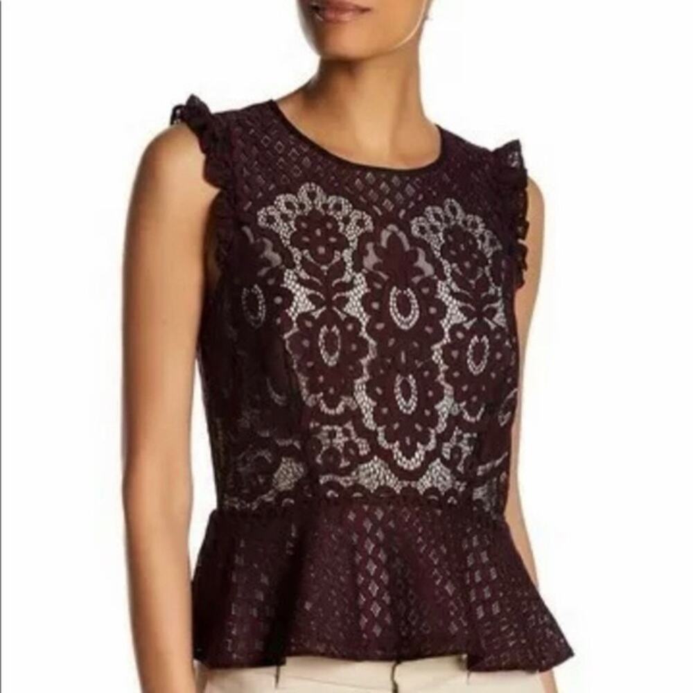 Parker Wine Red & Beige Lace Peplum Top Size Small EUC